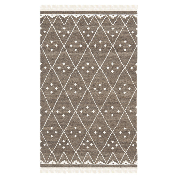Tapis ivoire / brun en laine / viscose / coton tissé à la main à motif géométrique Mill, Rectangle 6 pi x 9 pi