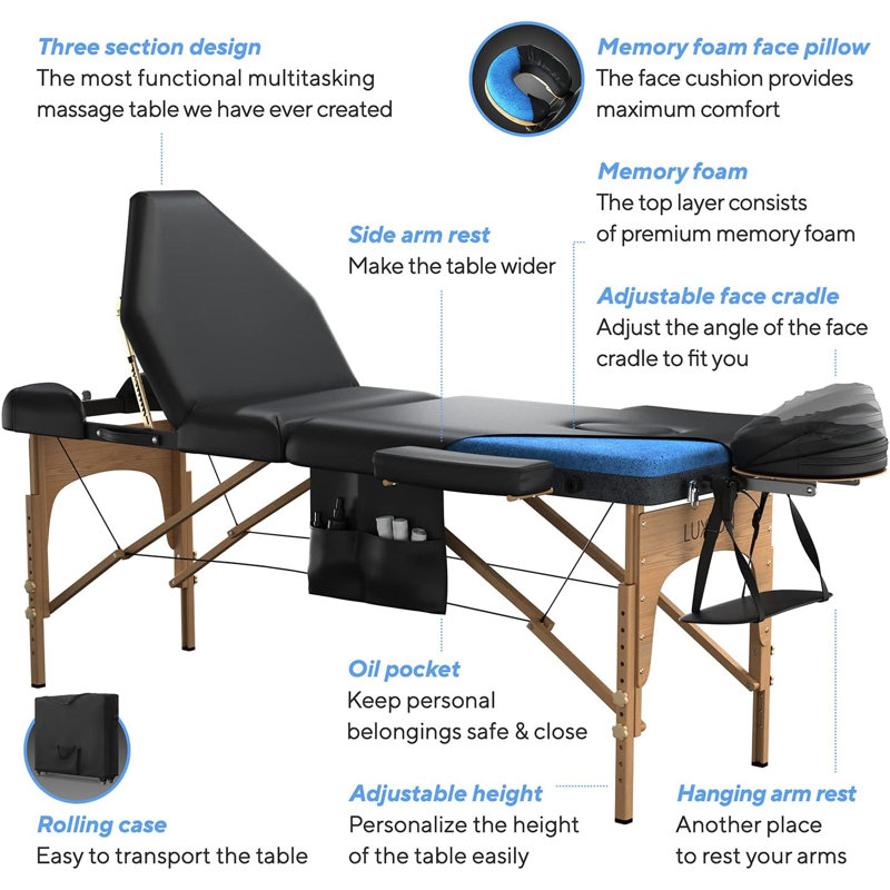 Luxton Home 3-Section Premium Memory Foam Massage Table with Rolling Travel Case - Easy Set Up