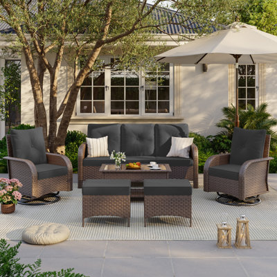 6-Piece Outdoor Patio Conversation Set with 360° Swivel Rocking Chairs, All-Weather Wicker & Steel Frame Patio Furniture Set with Storage Coffee Table, Multi-Use Ottomans for Backyard, Porch, Garden