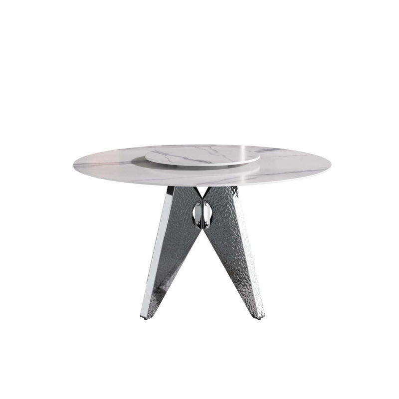 Table de salle à manger ronde en marbre artificiel avec plateau tournant en pierre artificielle et base en acier inoxydable argenté (table de salle à manger seulement)