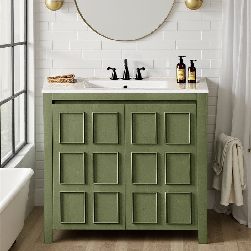 36" Rustic Bathroom Vanity – Distressed Finish, Ceramic Sink, Soft-Close?, Green