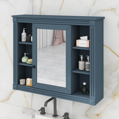 Armoire à pharmacie de salle de bain avec miroir, armoire de rangement murale moderne avec porte en miroir et 6 tablettes ouvertes