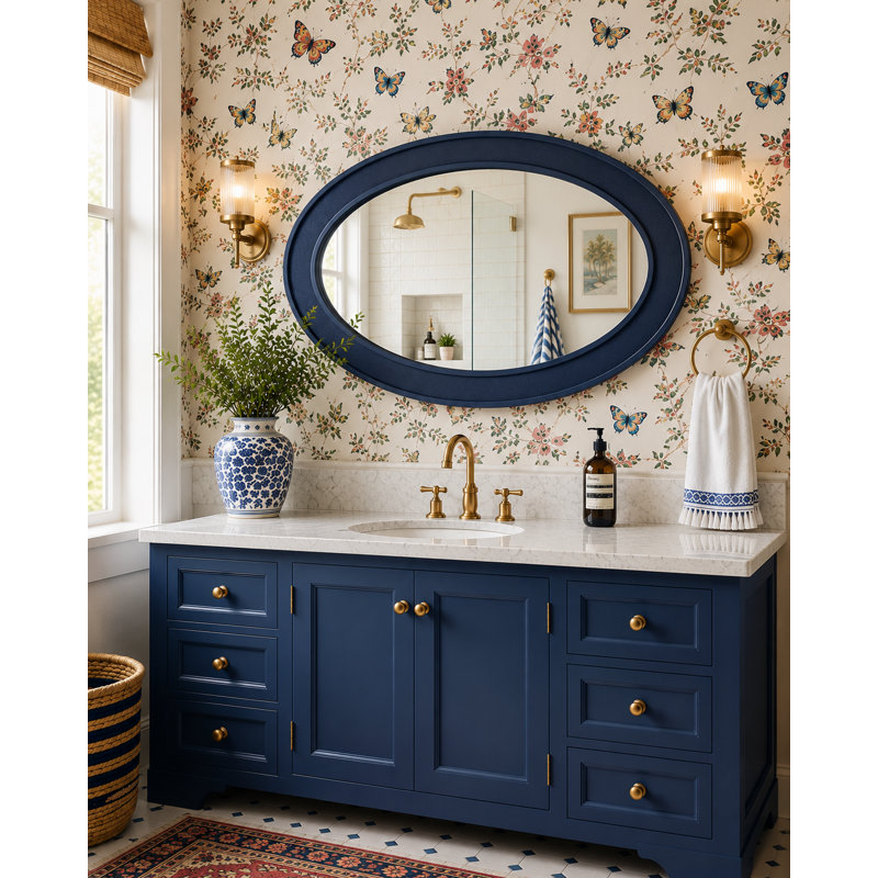 Raffia Oval Accent Mirror, Navy