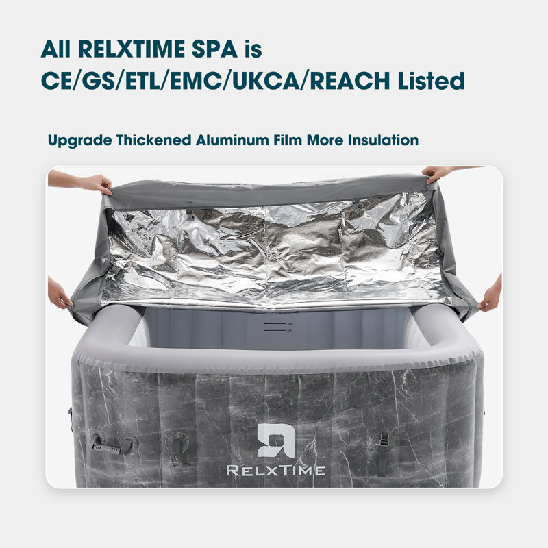 RELXTIME Square Portable Hot Tub 2-4 Person With Hot Tub Cover And Non-slip Seats, Outdoor Inflatable Blow Up Spa With 120 Bubble Jets, Built In Heater Pump, 2 Filter Cartridges