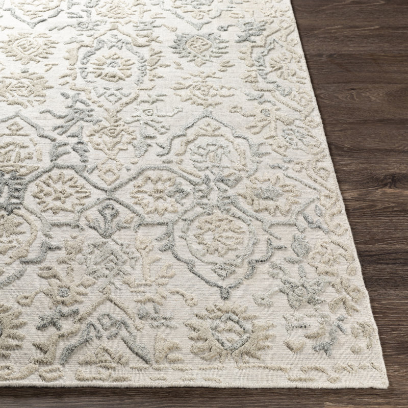 Tapis floral beige / gris anthracite fait à la main, Rectangle 6 pi x 9 pi