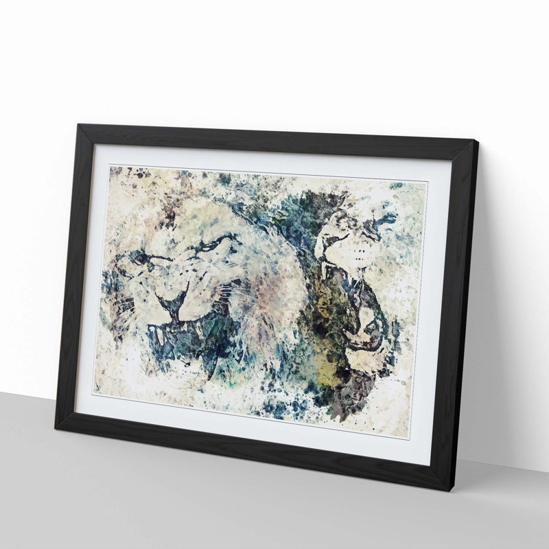 Two Snarling Lions in Abstract - Picture Frame Painting Print, Black Framed, 48cm H x 65cm W x 2cm D