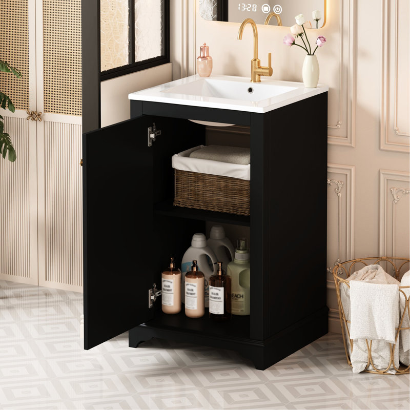 Meuble-lavabo contemporain noir de 20,1 po avec lavabo intégré, rangement à une porte, charnières à fermeture en douceur, tablette réglable, meuble-lavabo autoportant en pin massif et planches 20 po