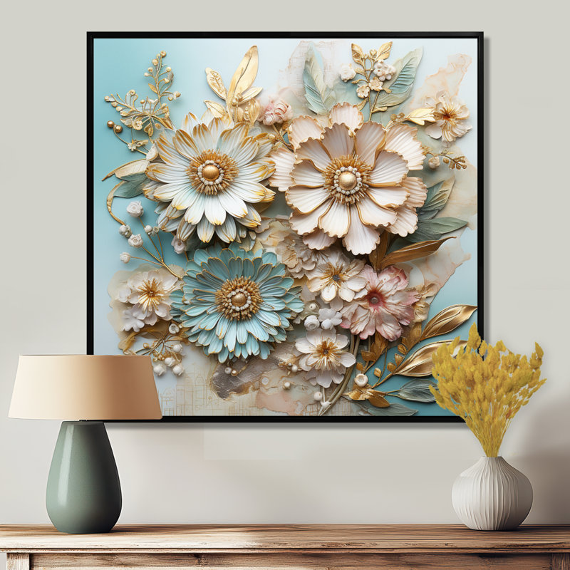 Marguerite dorée blanche et bleue feuilles dorées - Art mural marguerite, Toile avec cadre flottant noir