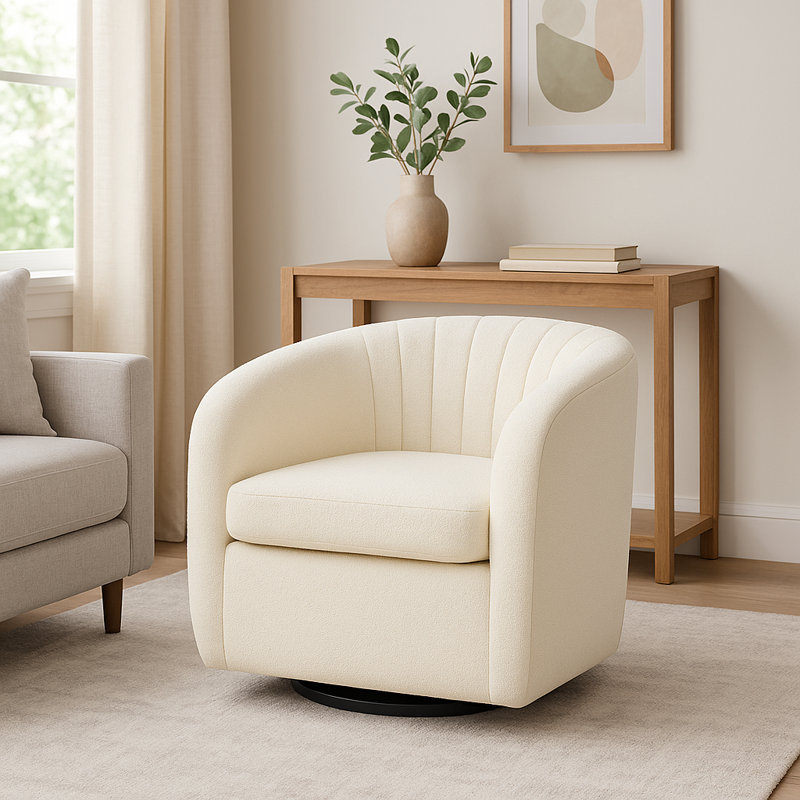 Swivel Mid-Century Modern Accent Tub Chair with Faux Shearing Upholstery and Hidden Base, Ivory Polyester Blend