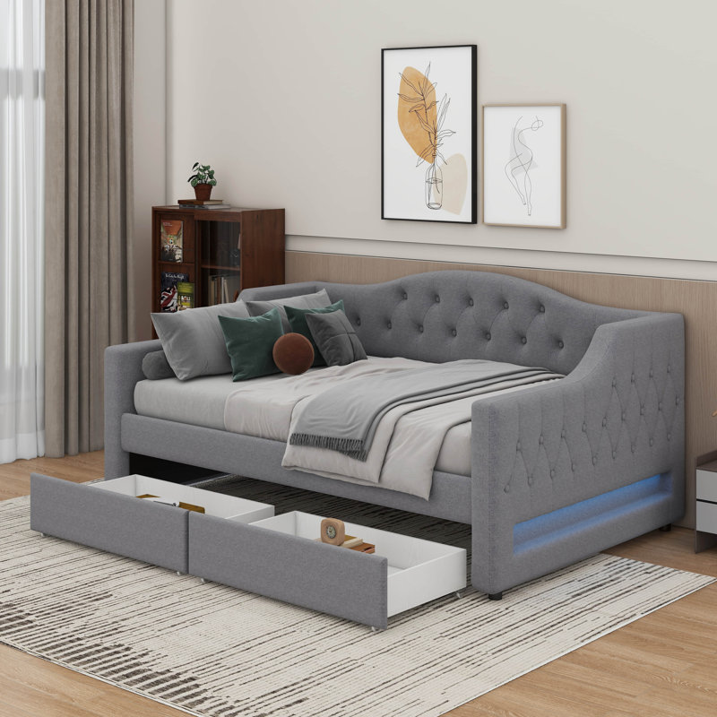 Twin XL Size Daybed With LED Belt And 2 Drawers, Grey