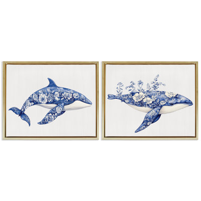 Blooming Toile Pattern Whales 2pc Floating Frame Set, design by Lettered and Lined