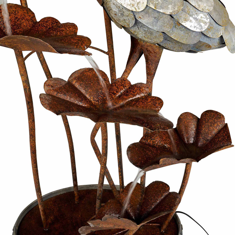 Rustic Metal Crane Fountain with Leaves in Galvanized Pail
