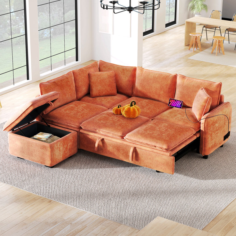 Canapé-lit modulaire convertible avec repose-pieds et coussins de rangement Davis, Chenille orange