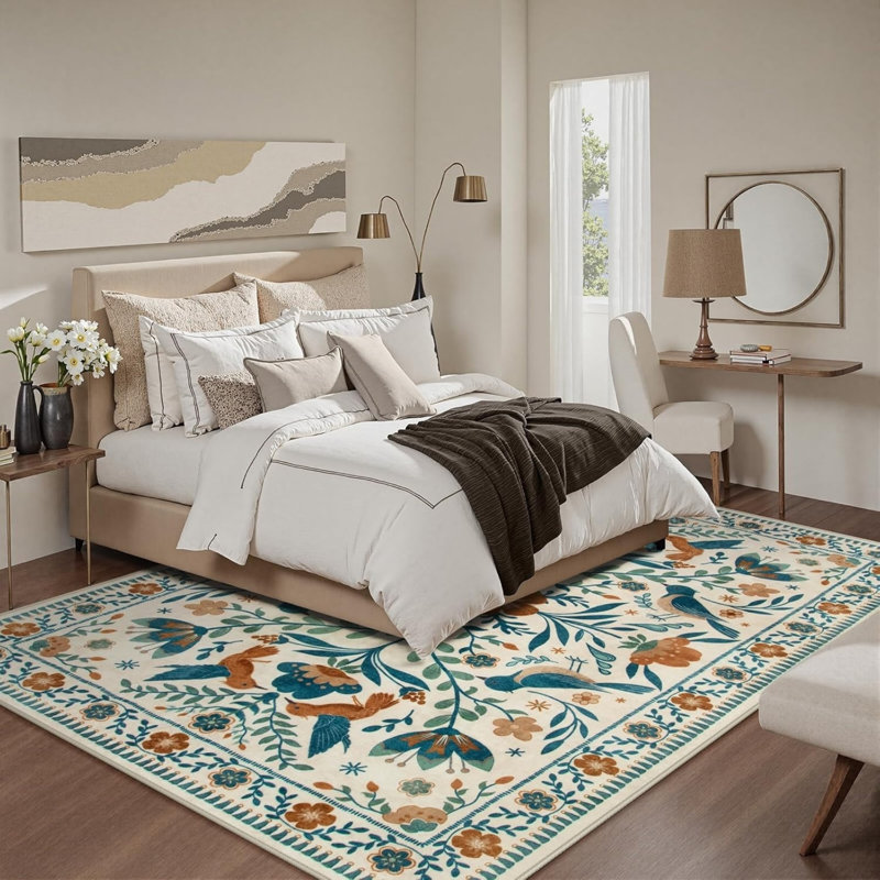 Tapis bleu bohémien à motif floral 5 pi x 7 pi pour chambre de bébé