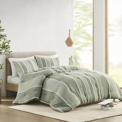 3 Piece Comforter In Sage - Full/queen 100% Cotton Filling Striped With Trim Easily Washable Machine Bedding Alternating Stripes Home