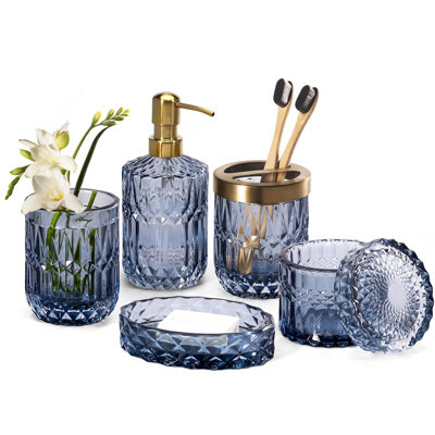 Ensemble d'accessoires de salle de bain en verre transparent 6PCS (distributeur de savon à lotion, porte-savon, porte-brosse à dents, gobelet, pot de coton-tige), cadeau contemporain rétro en cristal (6 pièces bleu)