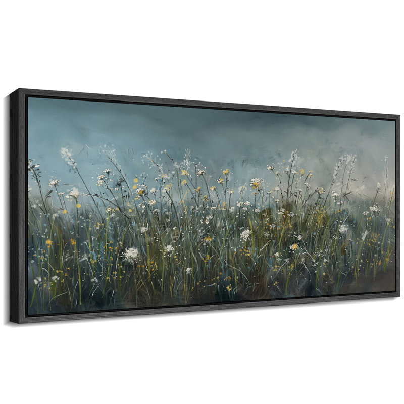 Moody Blueish Green Wildflowers Artwork, Country Bedroom Wall Pictures, Giclee Canvas Digital Print Extra Large Framed Wall Art
