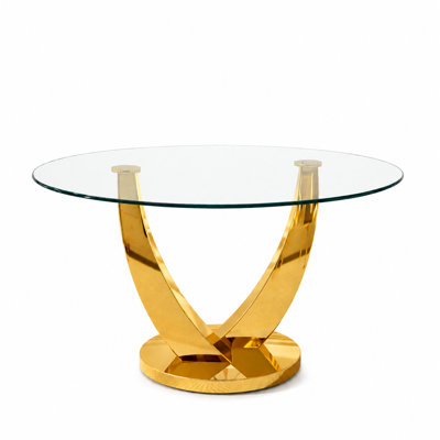 47.2" Round Glass Dining Table, Modern Round Clear Glass Kitchen Table, Tempered Glass Top with Gloss Stainless Steel Base, Space Saving and Easy to Maintain