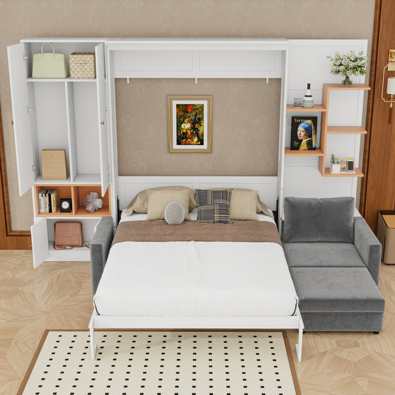 Lit escamotable avec canapé, tablettes de rangement, double éclairage et armoires, Blanc / Gris