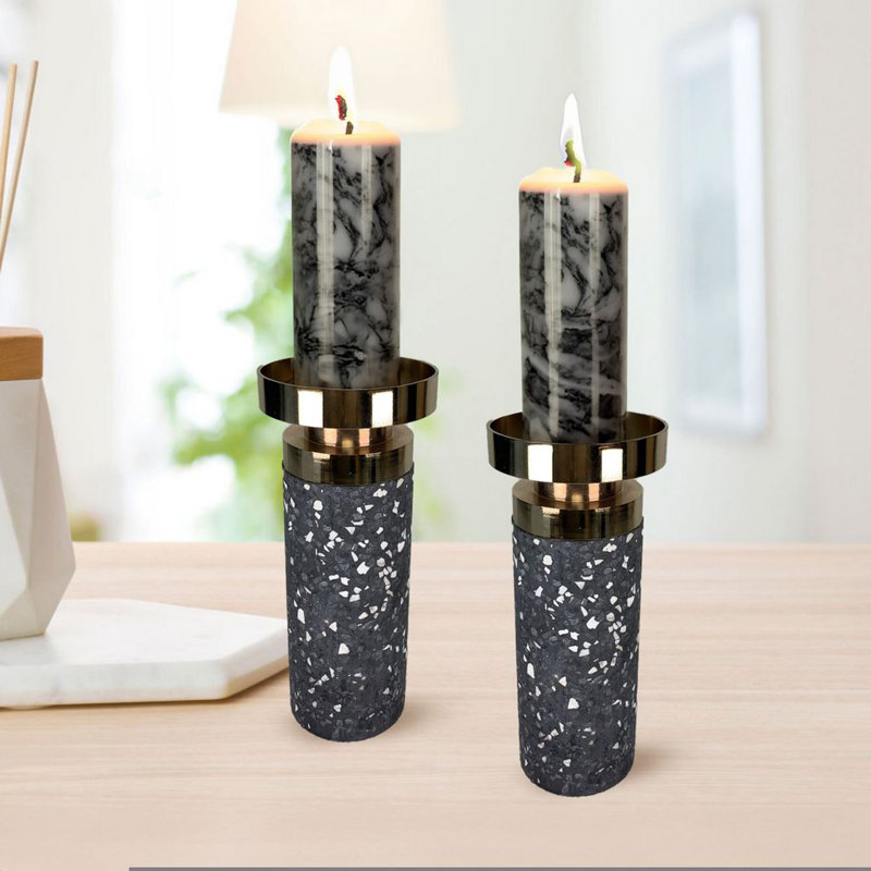 Splattered Cement Candlesticks with Gold Sconce, 7" H x 3" W x 3" D, Gold/Grey