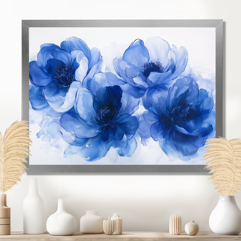 Velours bleu blanc, pivoines bleues - pivoines, art mural, H 34 po x l 44 po, Cadre simple argenté