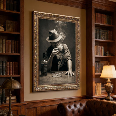 Art mural en toile noyer doré encadré pour le salon, la chambre à coucher, le bureau ou le vestibule - décoration murale décorative avec homme qui fume