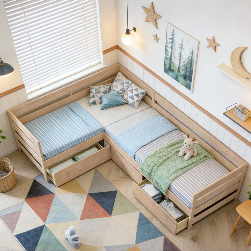 Lit plateforme simple en forme de L avec trois tiroirs de rangement