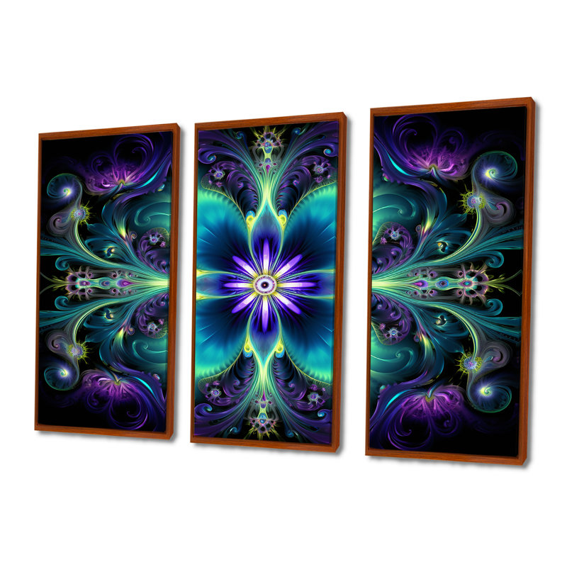 Turquoise néon fractal fleurs I - ensemble d'art mural mandala boho, Cadre flottant brun, H 40 po x l 60 po x P 1 po