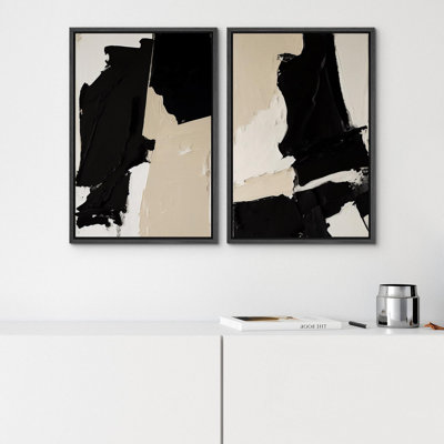 Nordic Shapes " Black & Tan Paint Stroke Collage Minimalist Mid-Century Modern Grunge Geometric Abstract " 2 - Pieces