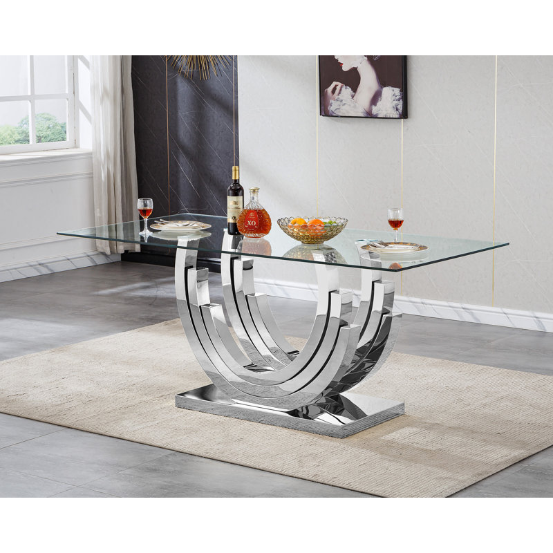 70" Large Glass Dining Table,Modern Rectangular Dining Room Table with 0.39" Tempered Glass Top & Stainless Steel Legs, Modern Clear Kitchen Table for Home Office