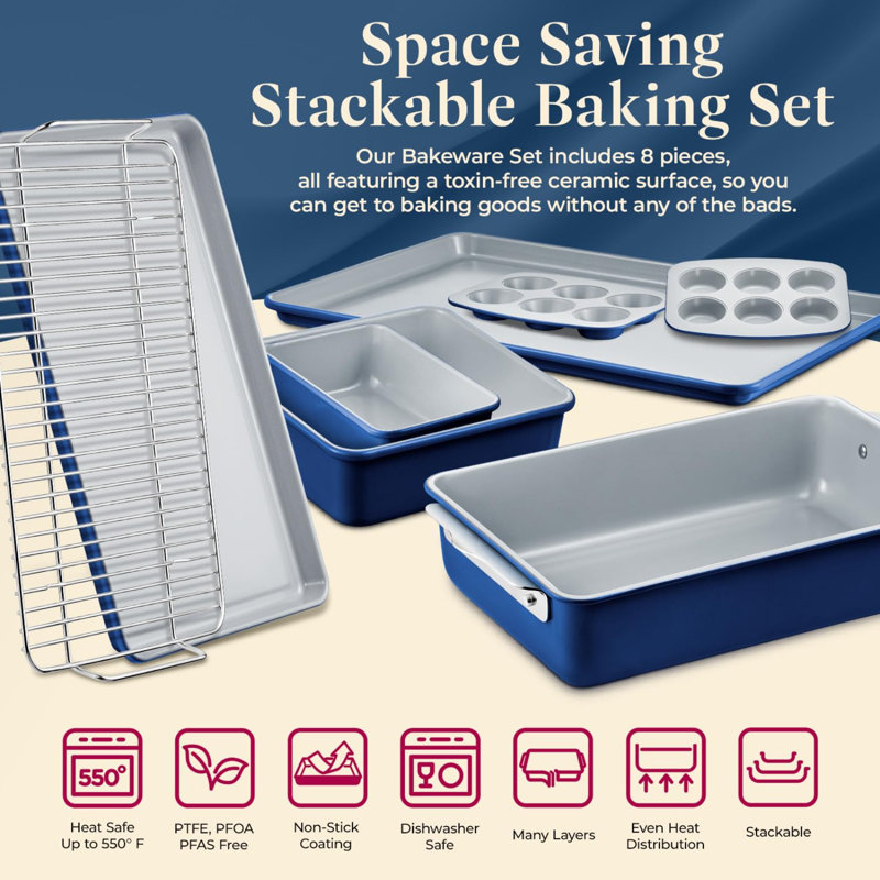 Bakken 8-Piece Blue Aluminized Steel Stackable Bakeware Set