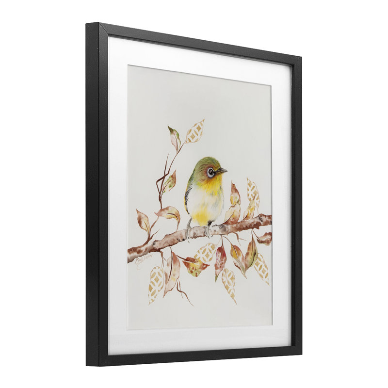Moineau perché sur des feuilles à motifs, reproduction encadrée sous verre, conception de Cady, Cadre noir minuit