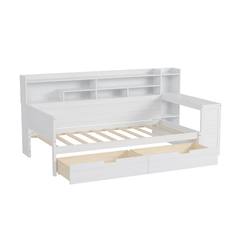 Lit de jour en bois avec tablettes de rangement, lit multifonctionnel avec deux tiroirs de rangement et bureau d'étude, 