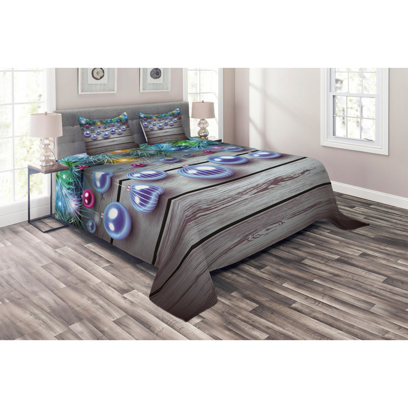 Traditional Polyester Coverlet, King Coverlet + 2 Shams, Gray/Blue/Purple