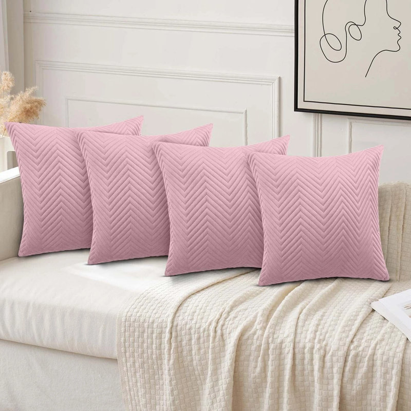 Luxury Chevron Embossed Quilted Pattern Velvet Cushion Cover Set (4-Pack) - Soft Throw Cushion Cover for Home Décor, Pink