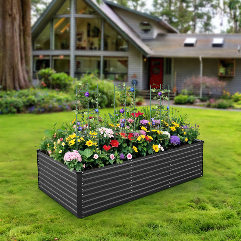 Kymari Galvanized Raised Garden Bed, Multiple Sizes to Choose, Plant Supports Offered, 24" H x 96" W x 48" D, Black, 1