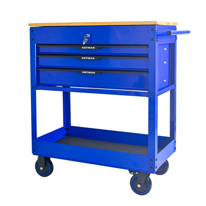 Chariot à outils mobile à 3 tiroirs avec plateau en bois - Armoire à outils robuste avec tiroirs à roulement à billes