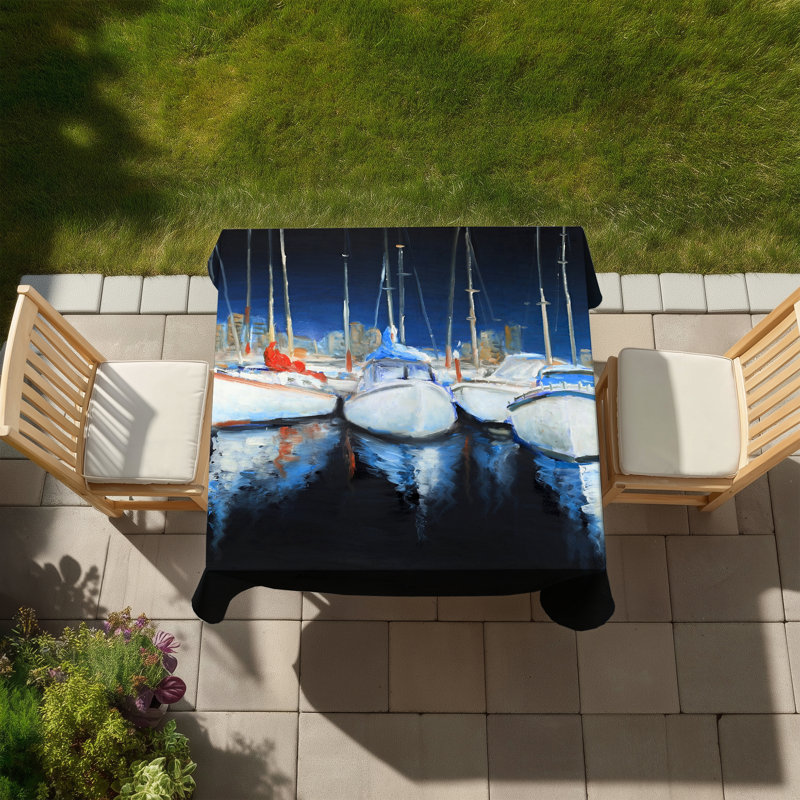 Evening at the Marina Blue Boat Tablecloth for Home Decor