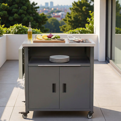 Chariot pour îlot de cuisine pour l'extérieur avec support à déchets, plateau pliable, panneau Lron extensible et espace de rangement