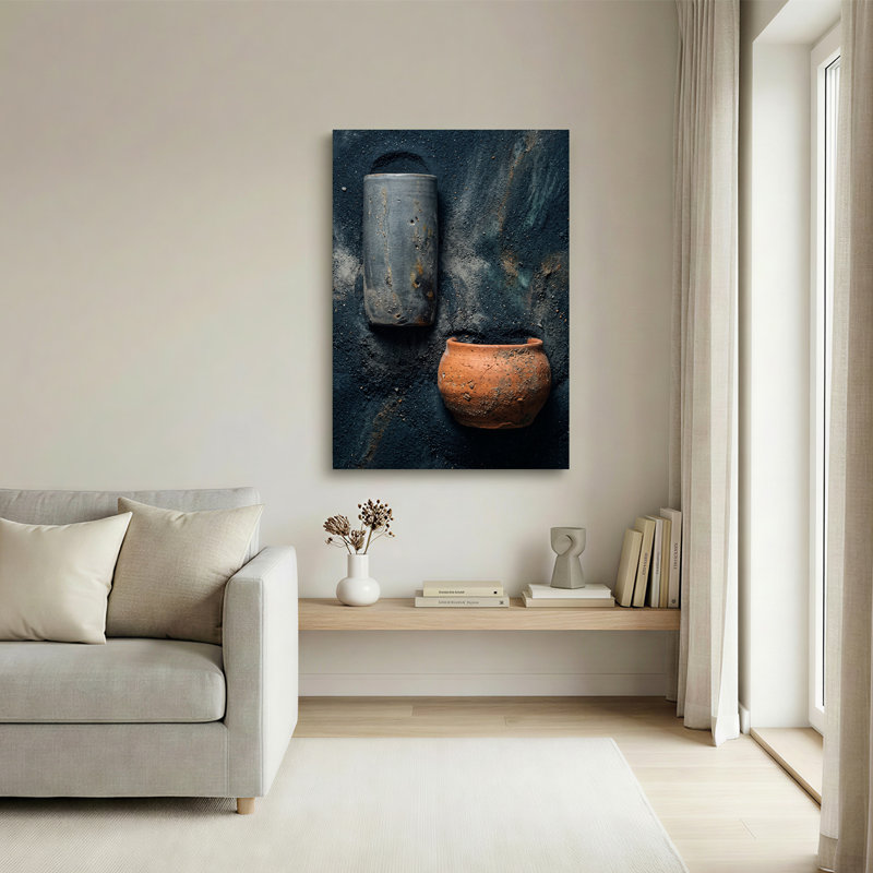 Art mural sur toile, "Rustic Ceramique Vessels" sur fond bleu texturé, H 30 po x l 20 po