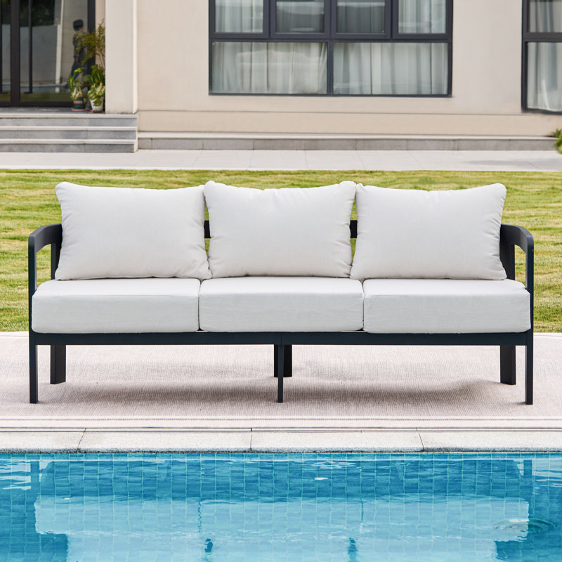 3-Person Patio Sofa With Thick Cushions, White Cushion/Black Frame