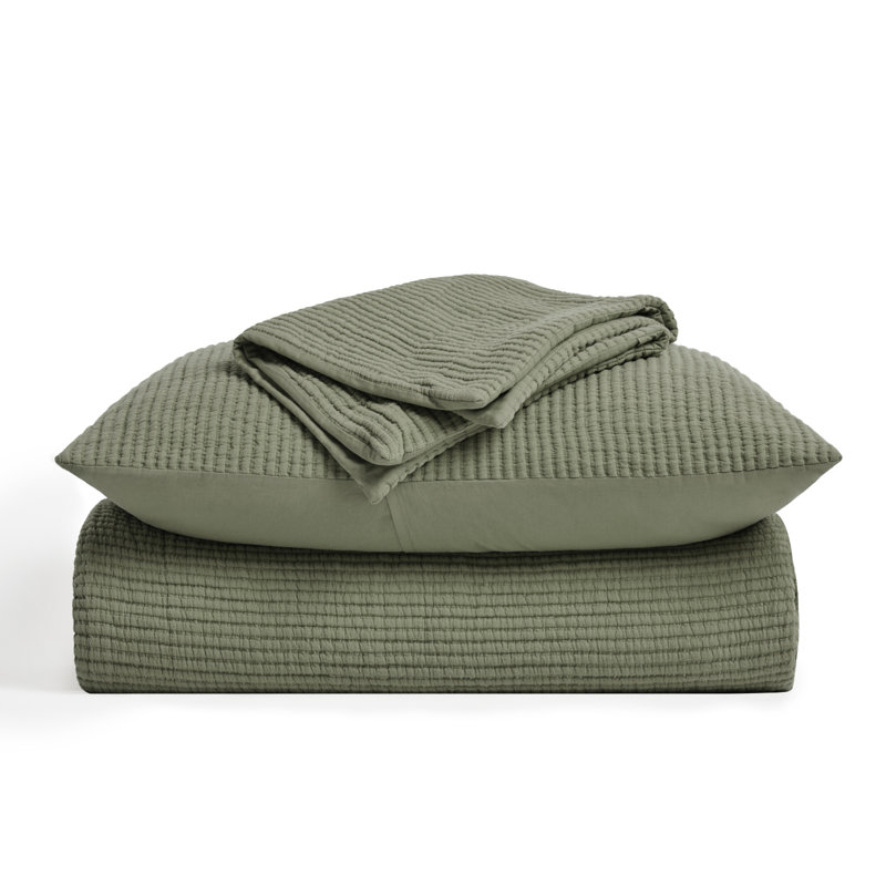 Ensemble de couvre-lit en coton côtelé matelassé, Courtepointe surdimensionnée pour très grand lit, Vert olive
