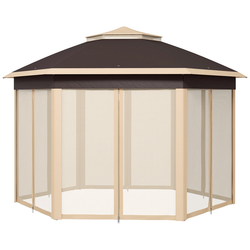 Abri de jardin escamotable, abri à baldaquin hexagonal avec filet en filet à 6 fermetures à glissière, tente d'événement avec cadre en acier robuste pour patio, jardin, mariage, fête