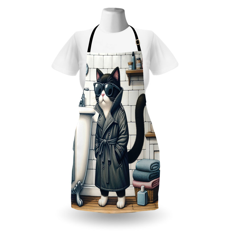 East Urban Home Cat Apron Unisex, Mysterious Detective Kitty Bath, Adult Size, Charcoal Grey White