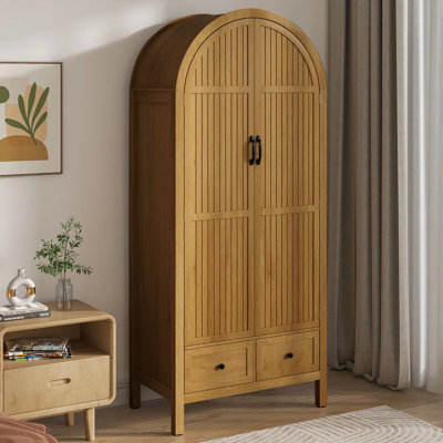 Armoire Wardrobe Closet with 2 Arched Fluted Doors, Wardrobe Cabinet with 2 Drawers, Wardrobe Armoire with Shelves and Hanging Rod for Bedroom