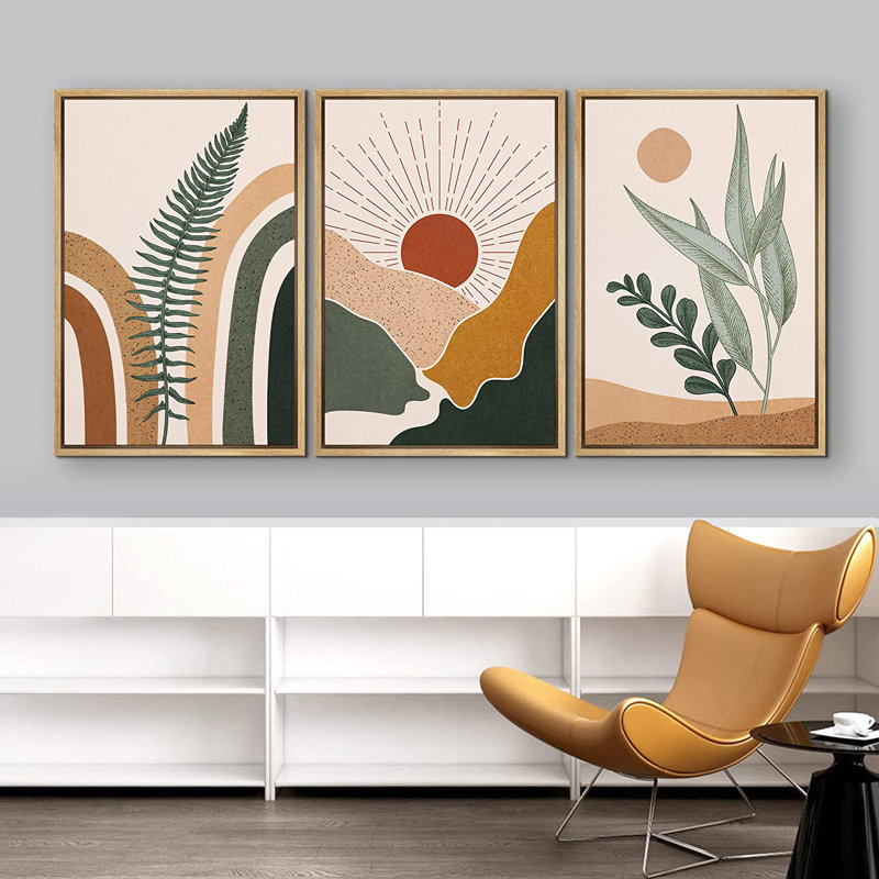 Mid Century Modern Boho Sun Forest Plant - 3 Piece Floater Frame Graphic Art Set on Canvas, 24" H x 48" W x 1.5" D, Natural