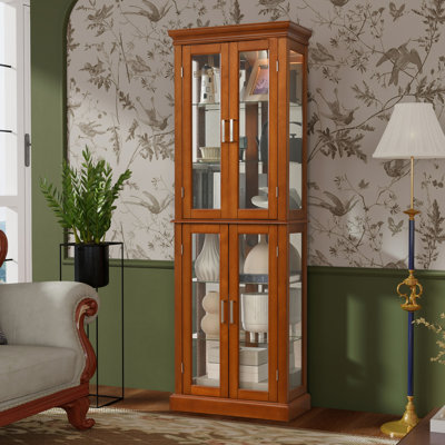 Light Walnut Color Curio Cabinet 6 Tier Lighted Curio Display Cabinet with Adjustable Shelves and Mirrored Back Panel, Tempered Glass Doors(E26 light