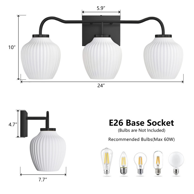24" W 3-Light Dimmable Wrought Iron Vanity Light, White, Matte Black