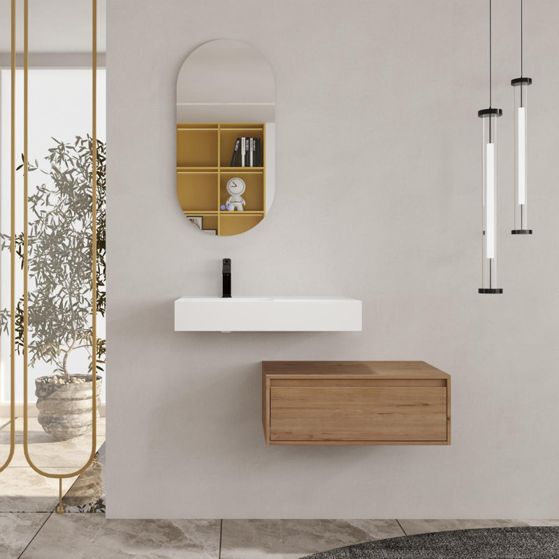 Meuble-lavabo mural de 30 po avec lavabo en résine, tiroir à fermeture en douceur et fixation à flotteur
