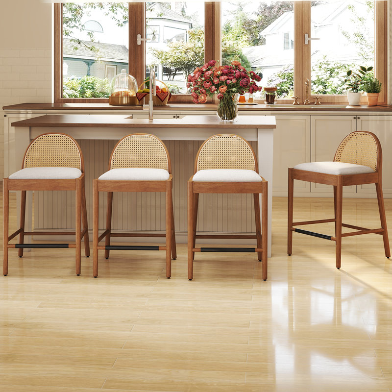 Modern Bar Stools Upholstered Counter Stools With Rattan Backrests And Wood Legs Kitchen Stools For Island Set of 4